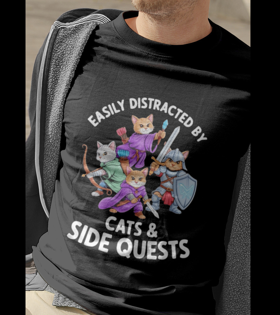 Easily Distracted By Cats And Side Quests Fantasy Theme With Feline Adventurers T-Shirt