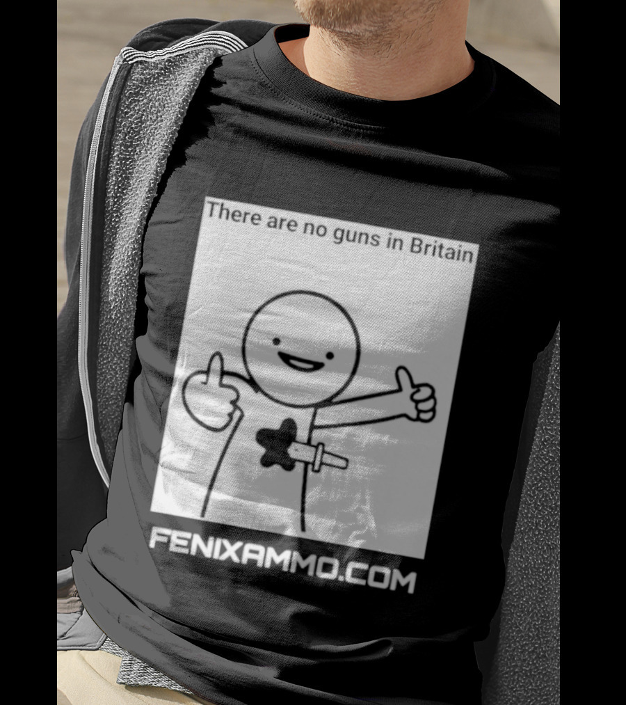 There Are No Guns In Britain Fenixammo Com Happy Character With Gun Hand Gesture T-Shirt