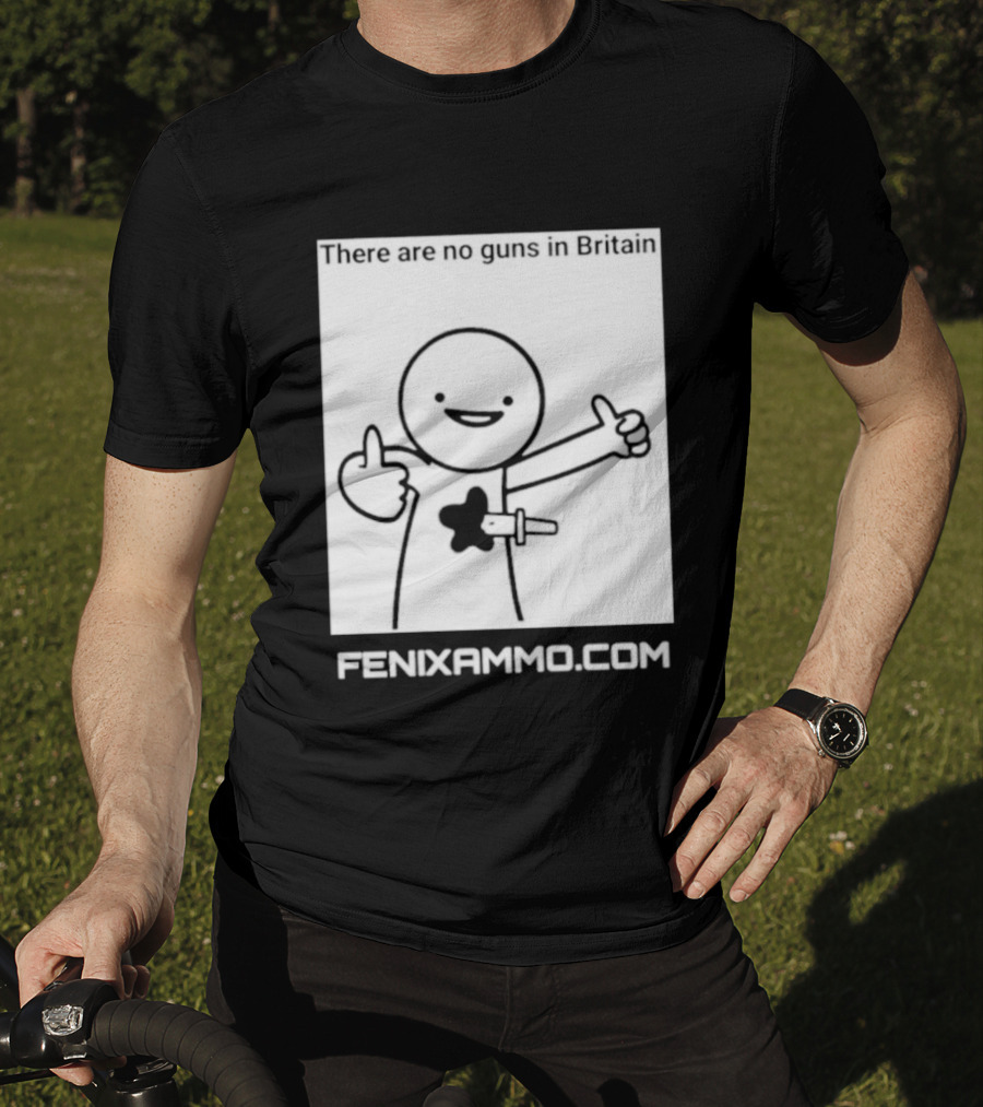 There Are No Guns In Britain Fenixammo Com Happy Character With Gun Hand Gesture T-Shirt