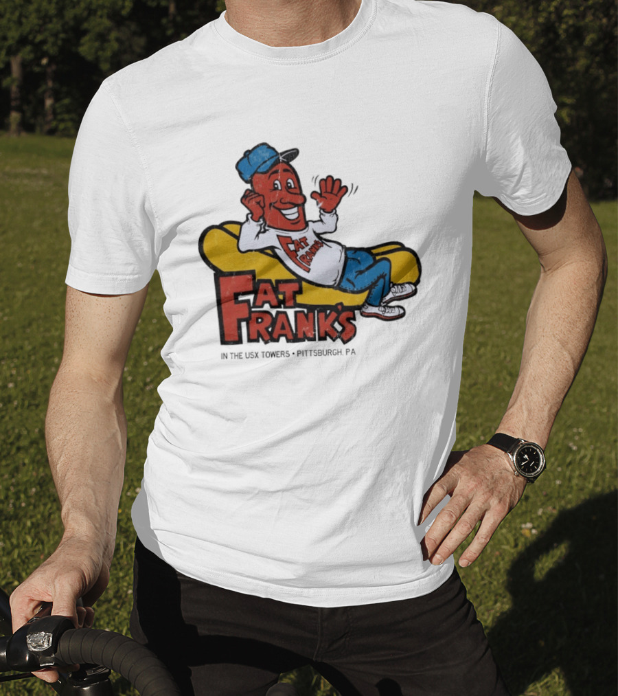 Fat Frank's In The USX Towers Pittsburgh PA Hot Dogs Retro Cartoon T-Shirt
