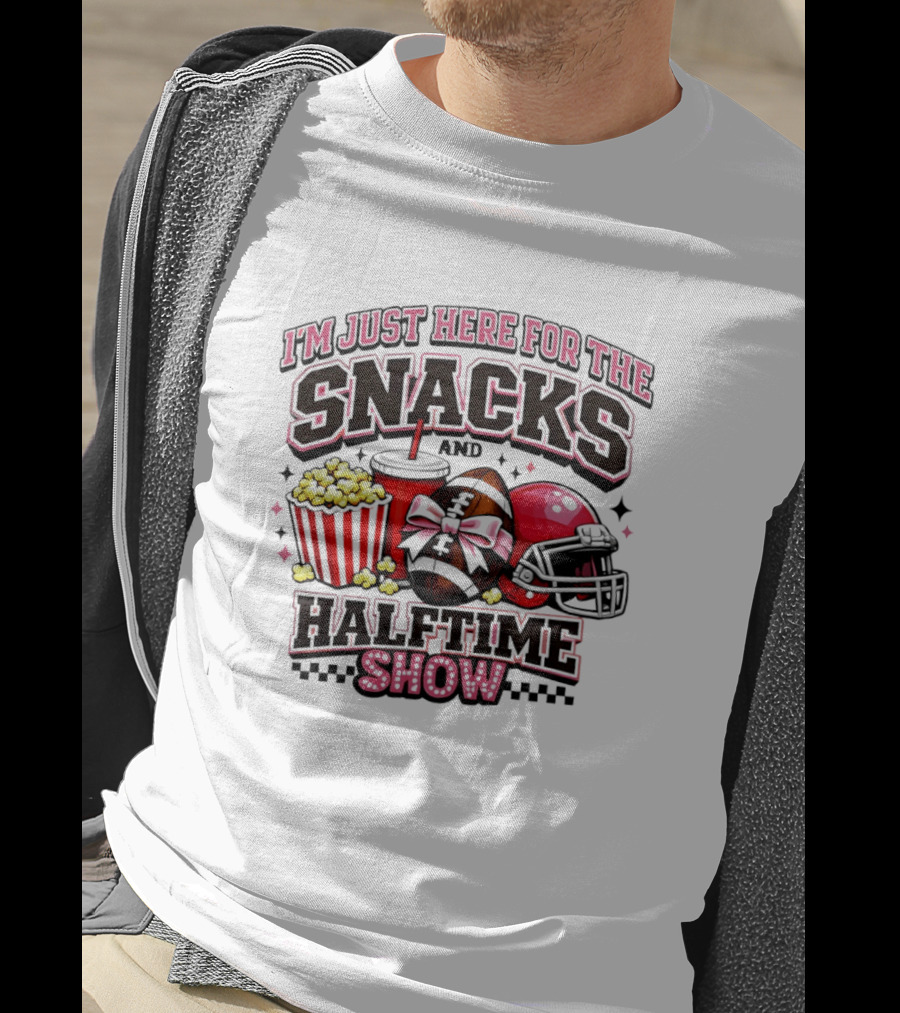 I'm Just Here For The Snacks And Halftime Show Football Popcorn Pink Coquette T-Shirt
