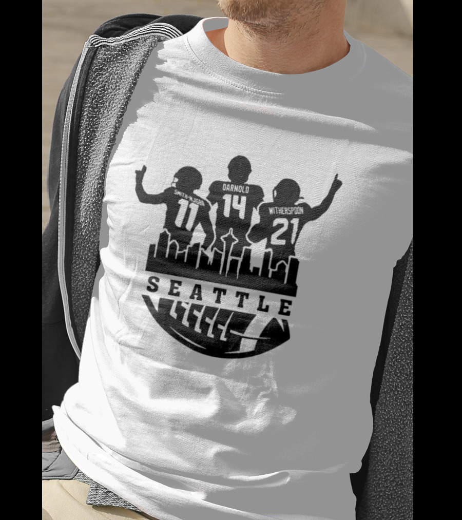 Seattle Seahawks Sam Darnold Jaxon Smith Njigba Devon Witherspoon NFC 2026 Football Skyline T-Shirt