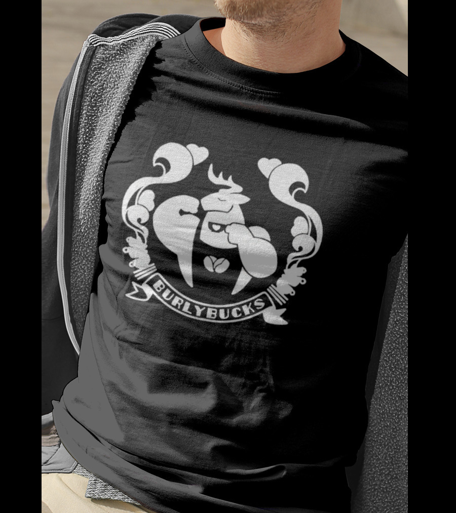 Burlybucks Muscular Deer Drinking Coffee Crest T-Shirt