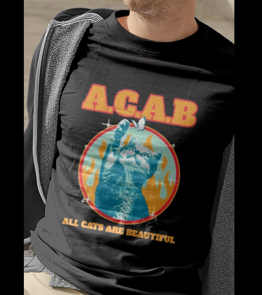 A.C.A.B Cat With Butterfly And Flames T-Shirt