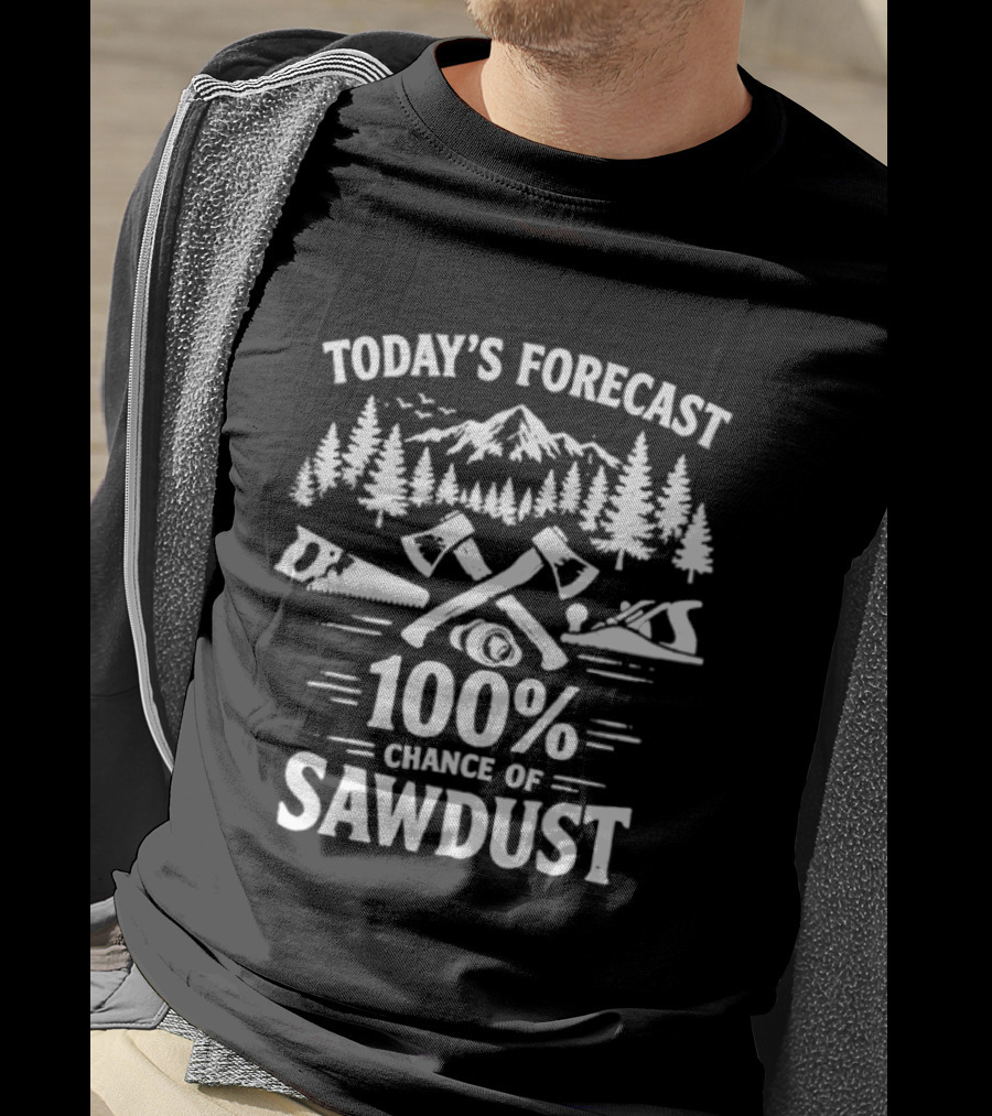 Today's Forecast 100 Percent Chance Of Sawdust Woodworker Forest Scene Woodworking Tools T-Shirt