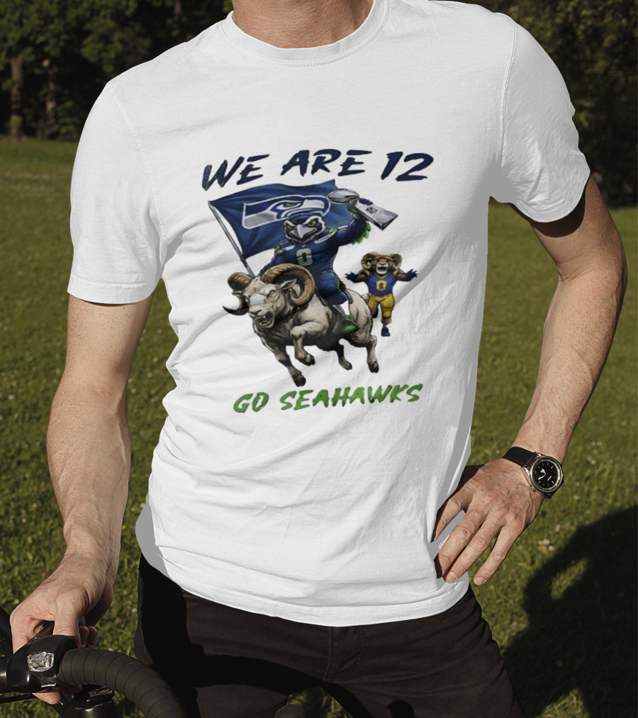 We Are 12 Go Seahawks Riding Goat With Seahawks Flag T-Shirt
