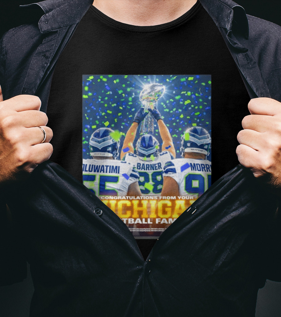 Congratulations Oluwatimi Barner Morr Seattle Seahawks Trophy From Your Michigan Football Family T-Shirt