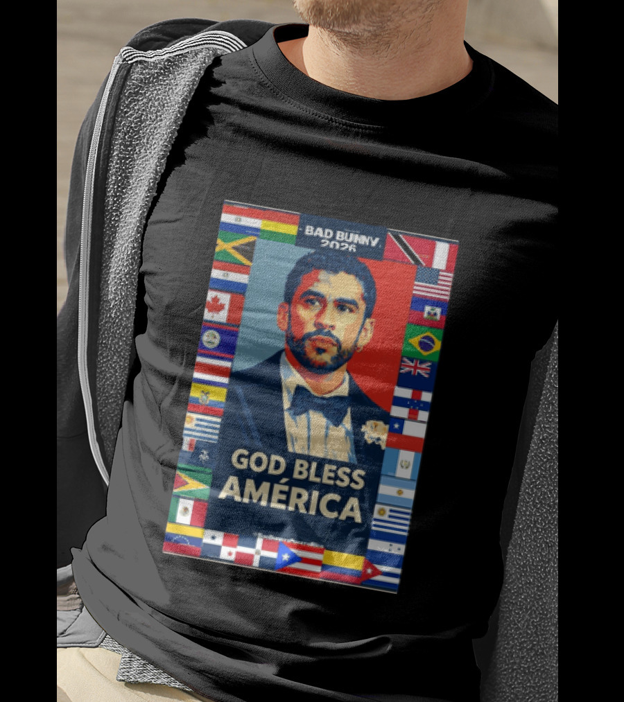 Bad Bunny 2026 Presidential Theme With Global Flags God Bless America T-Shirt