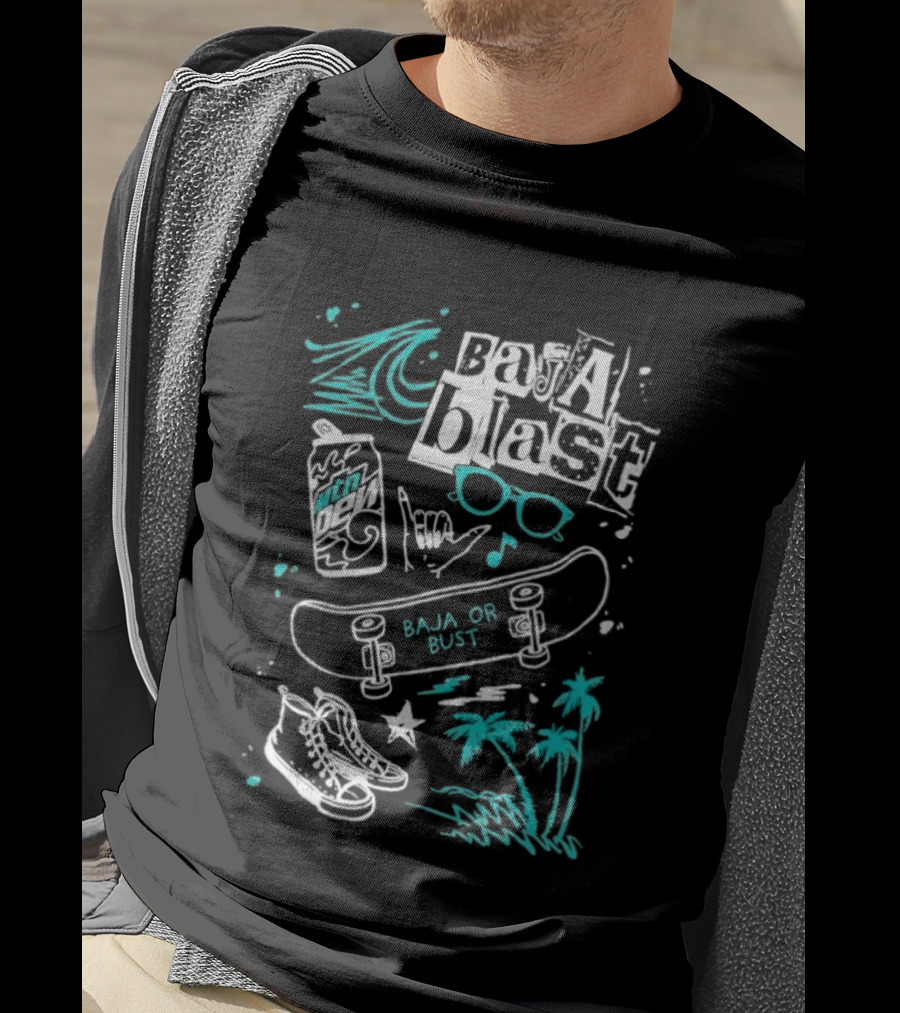 Mountain Dew Baja Blast Skateboard Surf Vibes Ocean Palms Adventure T-Shirt