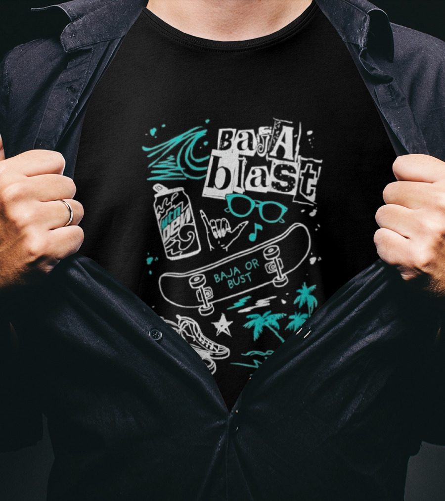 Mountain Dew Baja Blast Skateboard Surf Vibes Ocean Palms Adventure T-Shirt