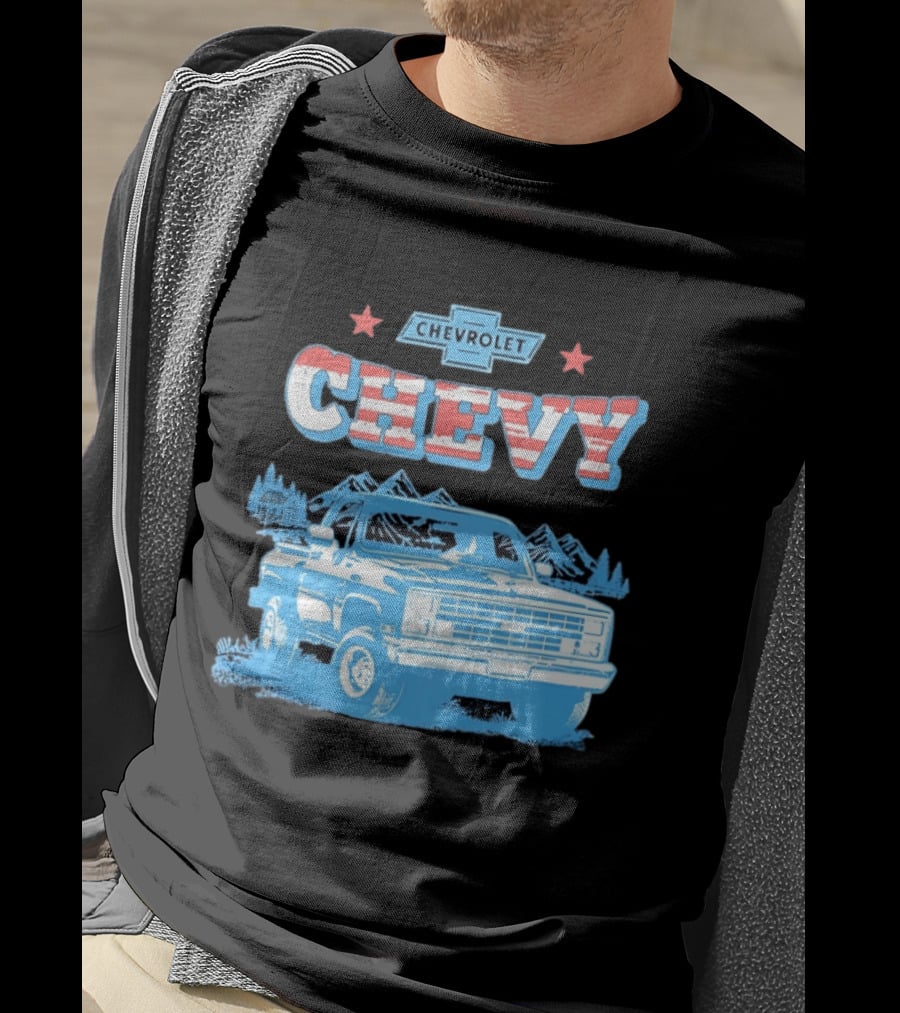 Chevy Chevrolet Truck Vintage Stars And Stripes Retro Mountain Scene T-Shirt