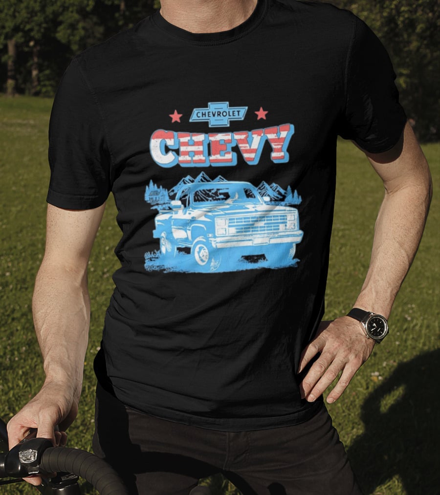 Chevy Chevrolet Truck Vintage Stars And Stripes Retro Mountain Scene T-Shirt