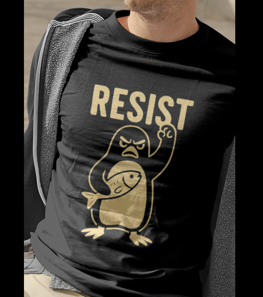 RESIST Angry Penguin Holding Fish T-Shirt
