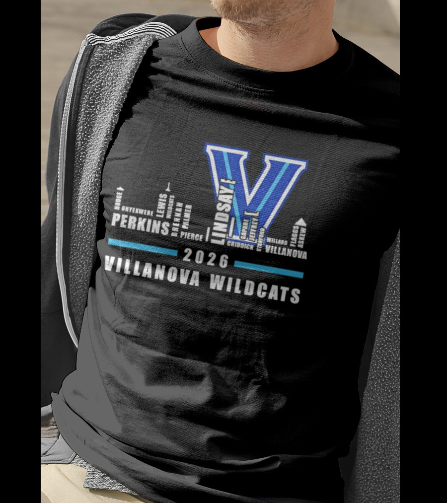 2026 Villanova Wildcats V With City Skyline And Player Names T-Shirt