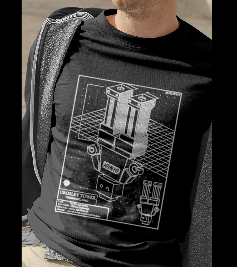 Crosley Tower Blueprint Cincinnati Ohio Robot Schematic T-Shirt