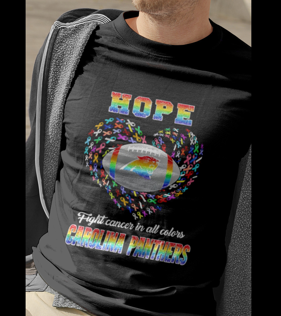 Hope Fight Cancer In All Colors Carolina Panthers Rainbow Football Heart Ribbons T-Shirt
