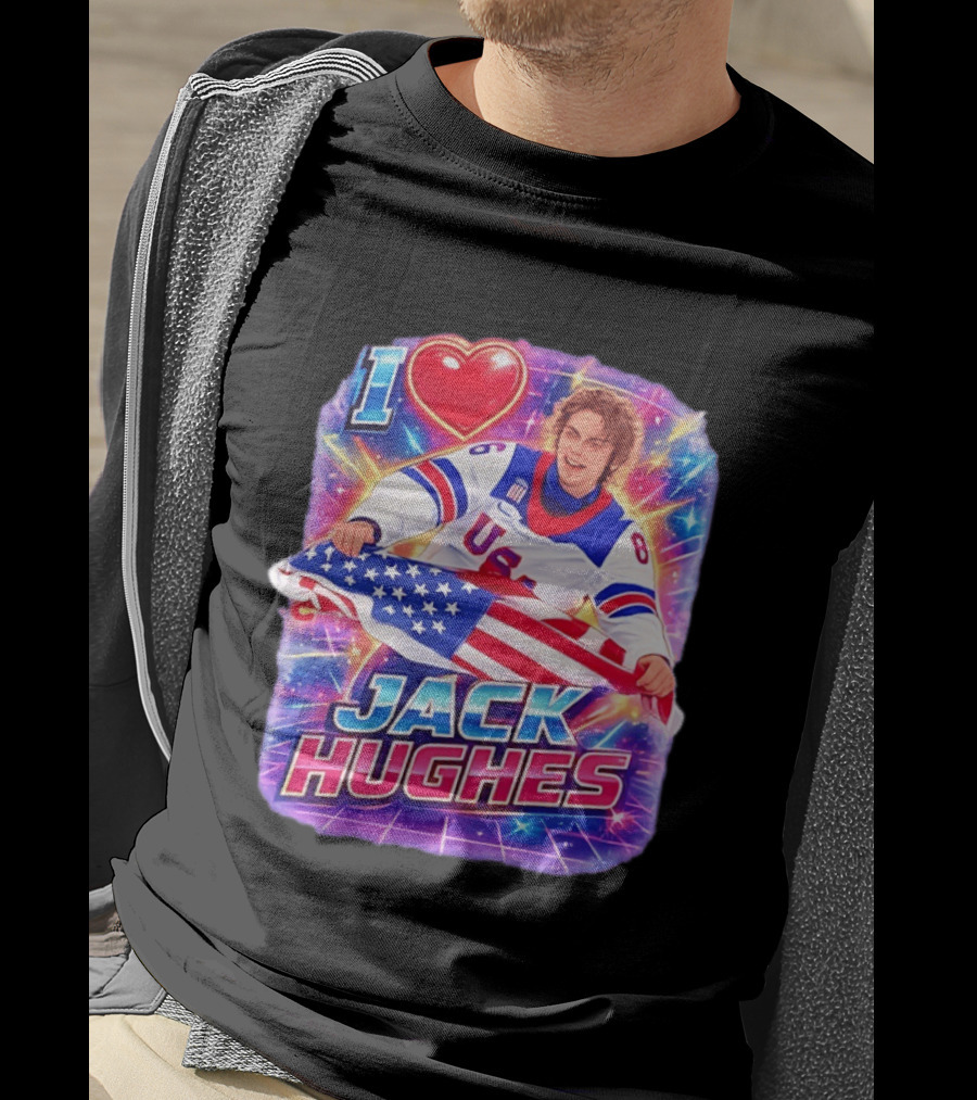 I Love Jack Hughes USA Hockey Flag Celebration T-Shirt