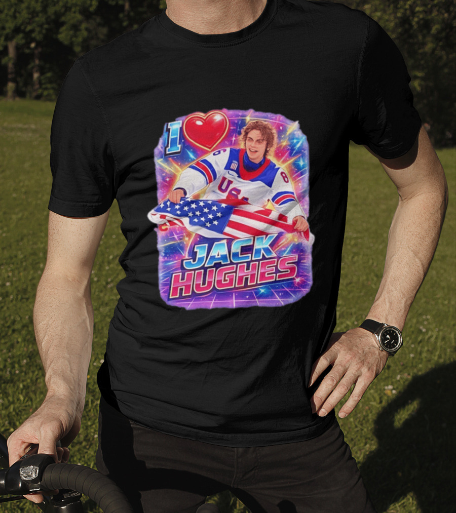 I Love Jack Hughes USA Hockey Flag Celebration T-Shirt