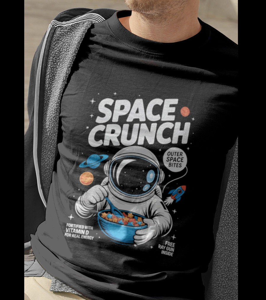 Space Crunch Outer Space Bites Astronaut Eating Cereal Planets Rockets T-Shirt