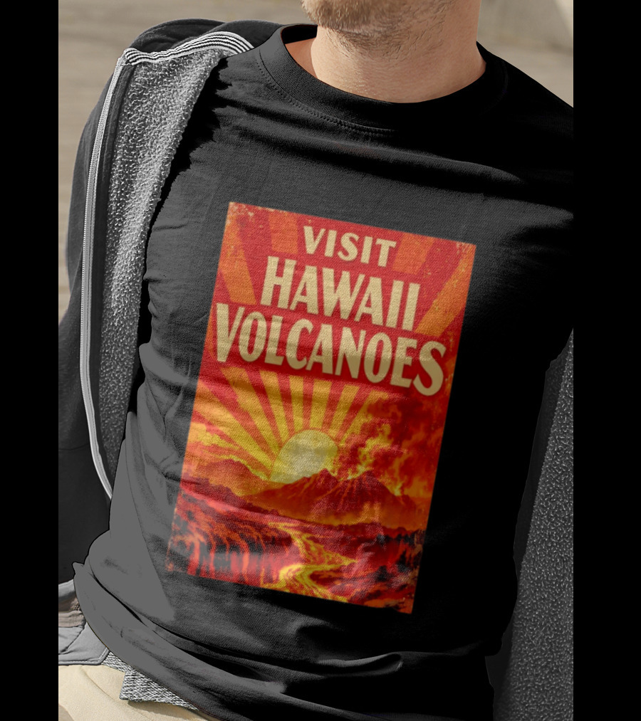Visit Hawaii Volcanoes Vintage Travel With Erupting Mountain And Sunset Rays T-Shirt