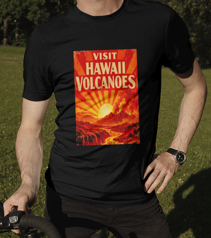 Visit Hawaii Volcanoes Vintage Travel With Erupting Mountain And Sunset Rays T-Shirt