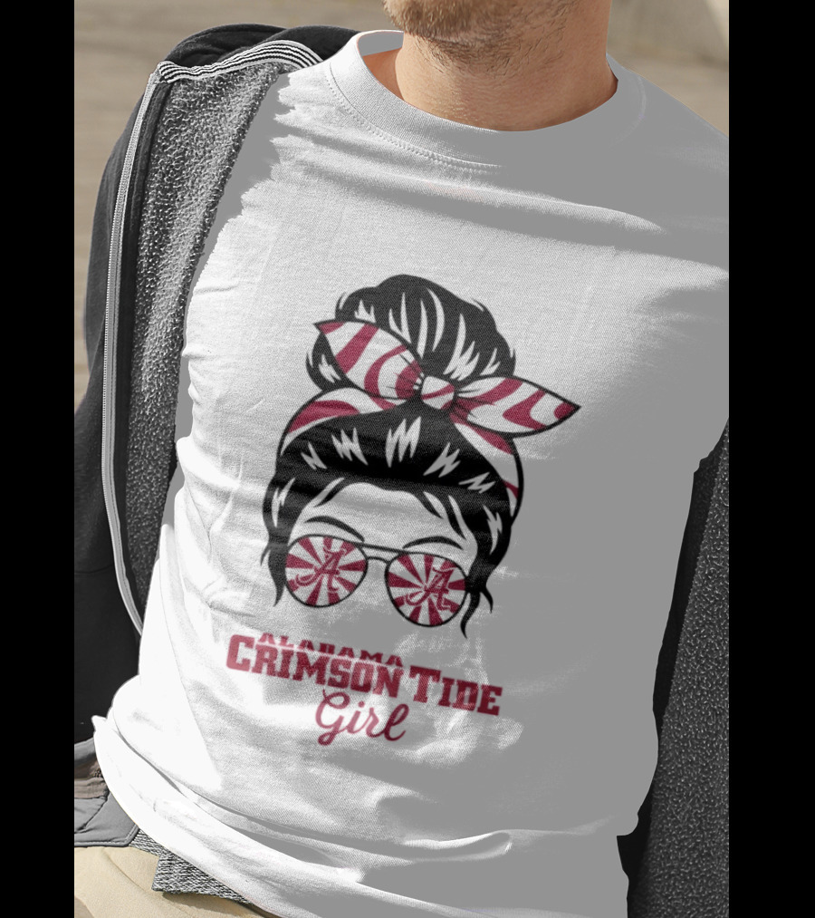 Alabama Crimson Tide Girl Messy Bun With Glasses And Bow T-Shirt