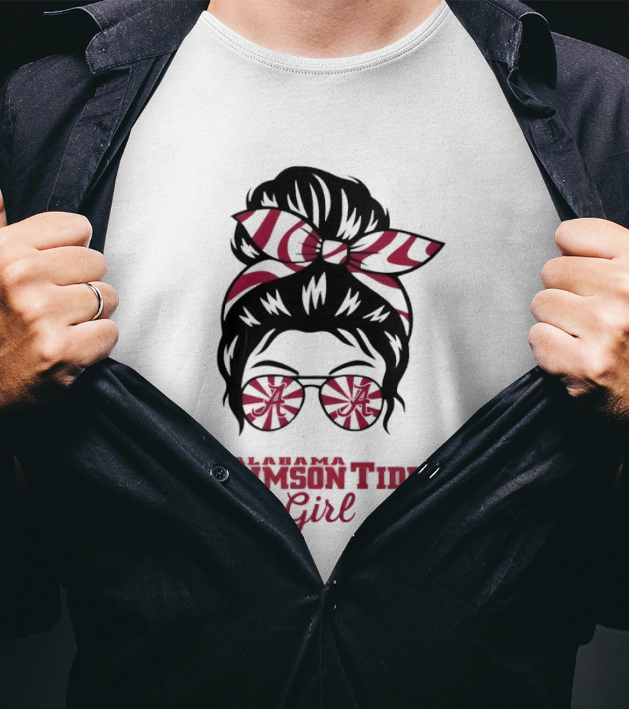 Alabama Crimson Tide Girl Messy Bun With Glasses And Bow T-Shirt