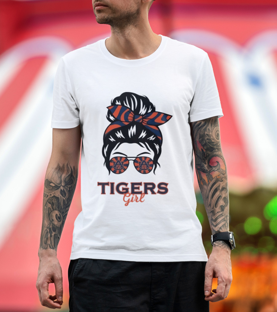 Auburn Tigers Girl Messy Bun Glasses Bow T-Shirt
