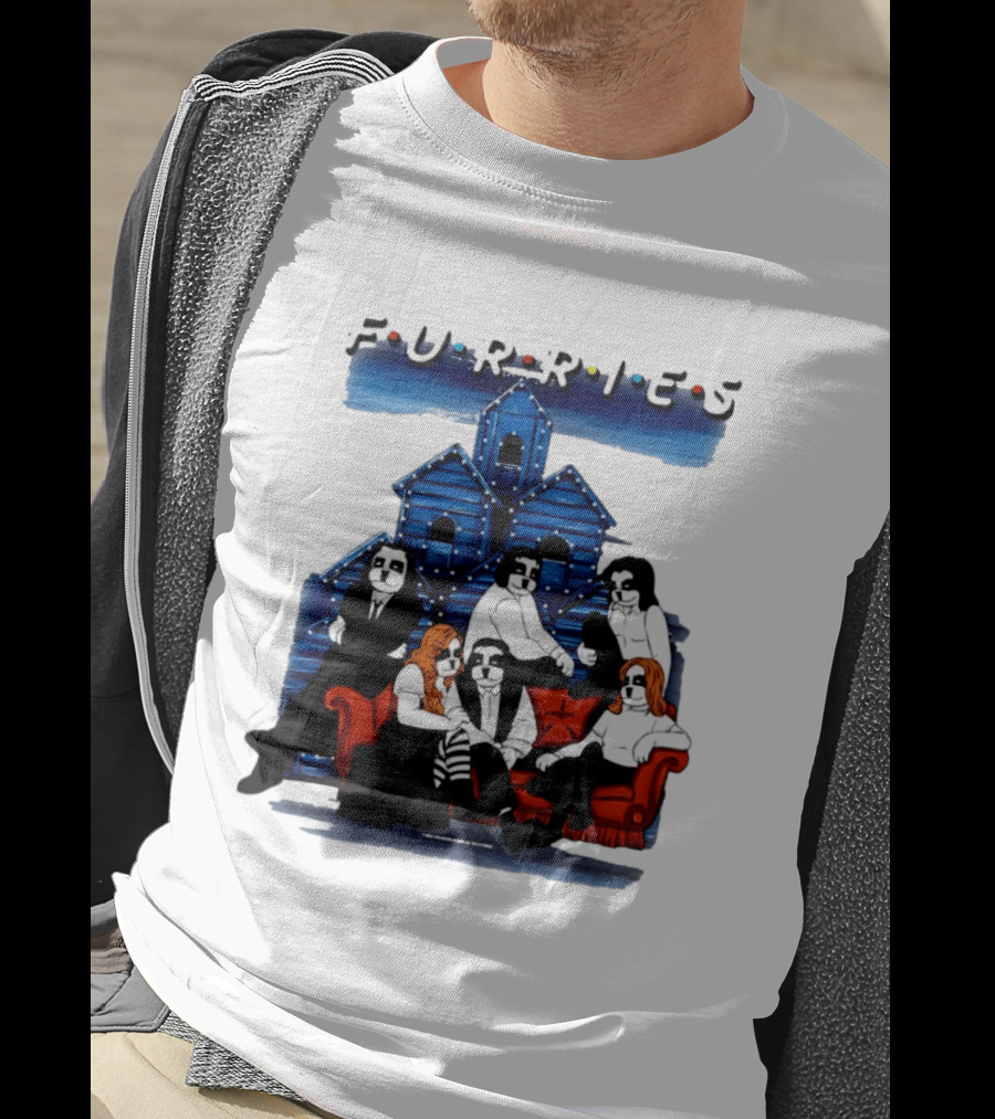 Furries Friends Group Sitting In Front Of Blue Houses T-Shirt