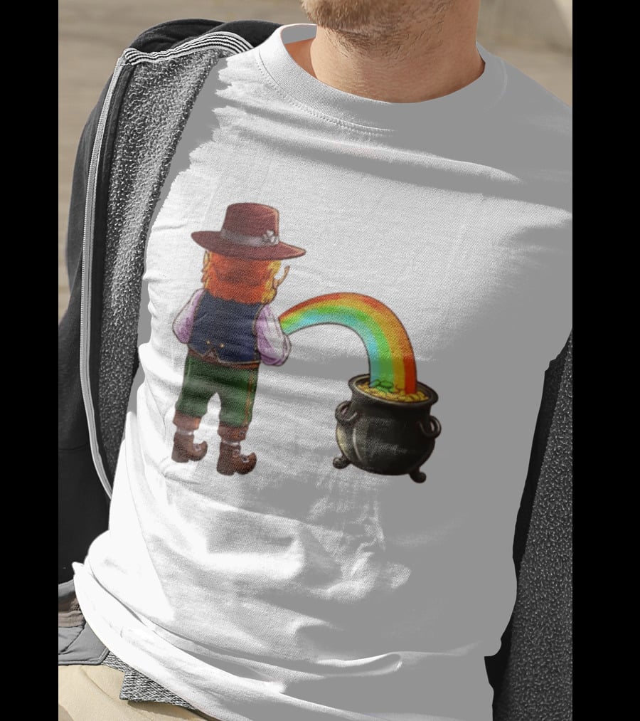 St Patricks Day Leprechaun Pissing Rainbow Into Pot Of Gold Meme T-Shirt