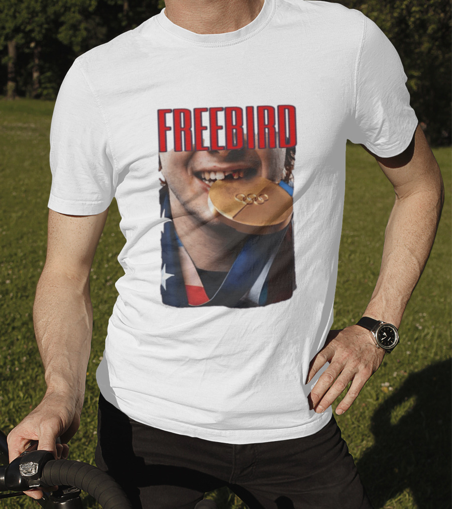 Jack Hughes Freebird Golden Smile Olympic Medal Bite T-Shirt