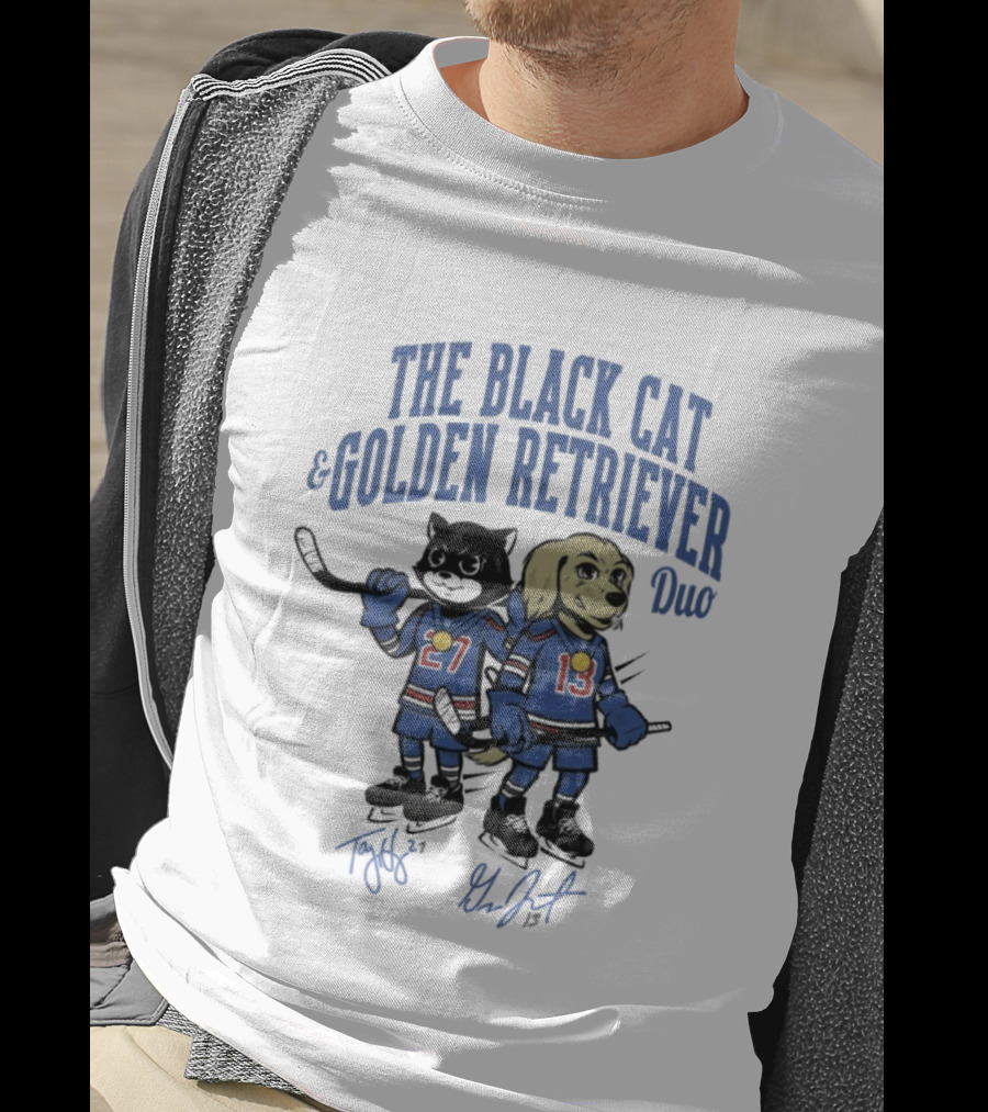 The Black Cat And Golden Retriever Duo Hockey Team 27 13 T-Shirt