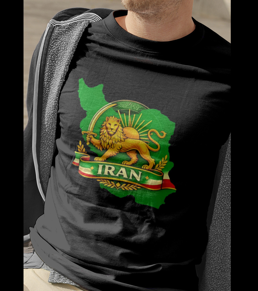 Iran Lion And Sun Emblem On Map Of Iran With National T-Shirt