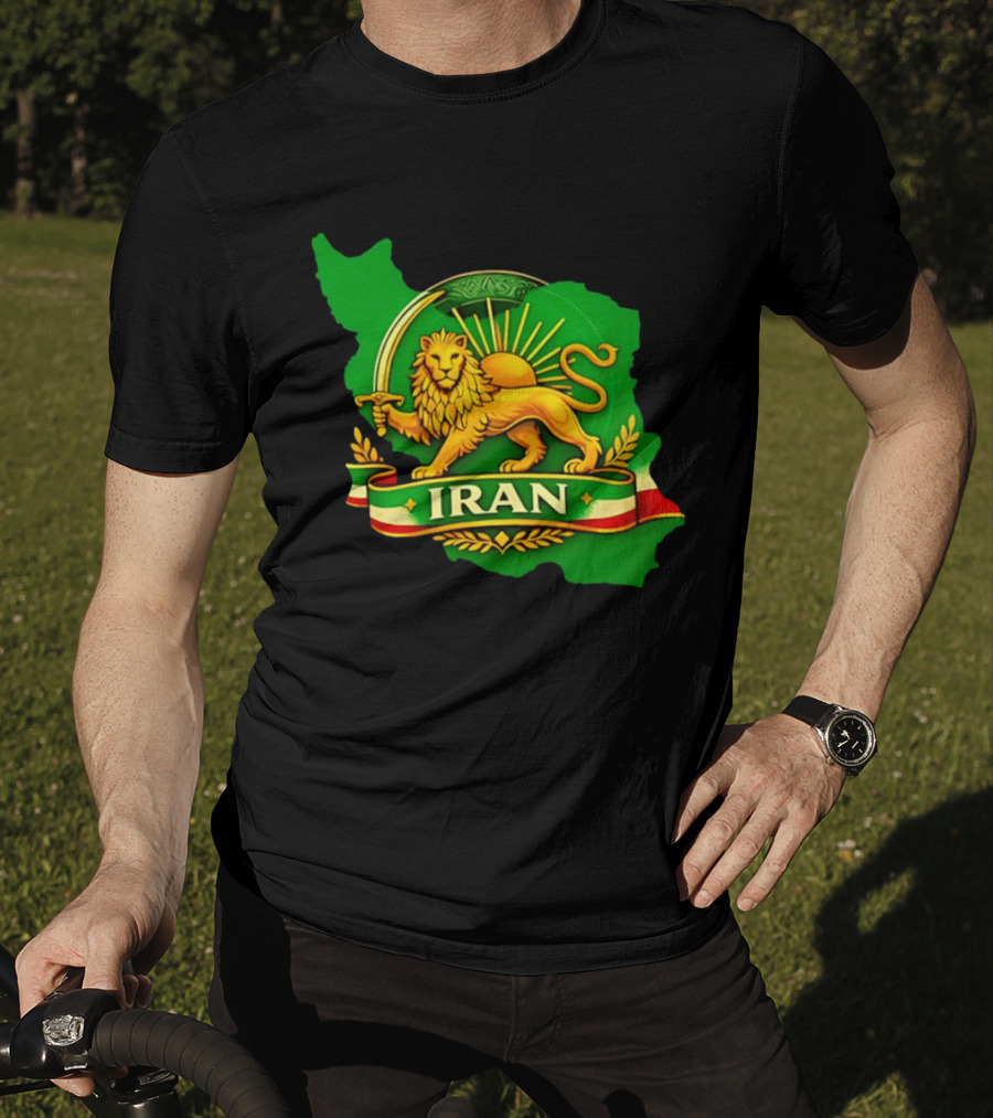 Iran Lion And Sun Emblem On Map Of Iran With National T-Shirt