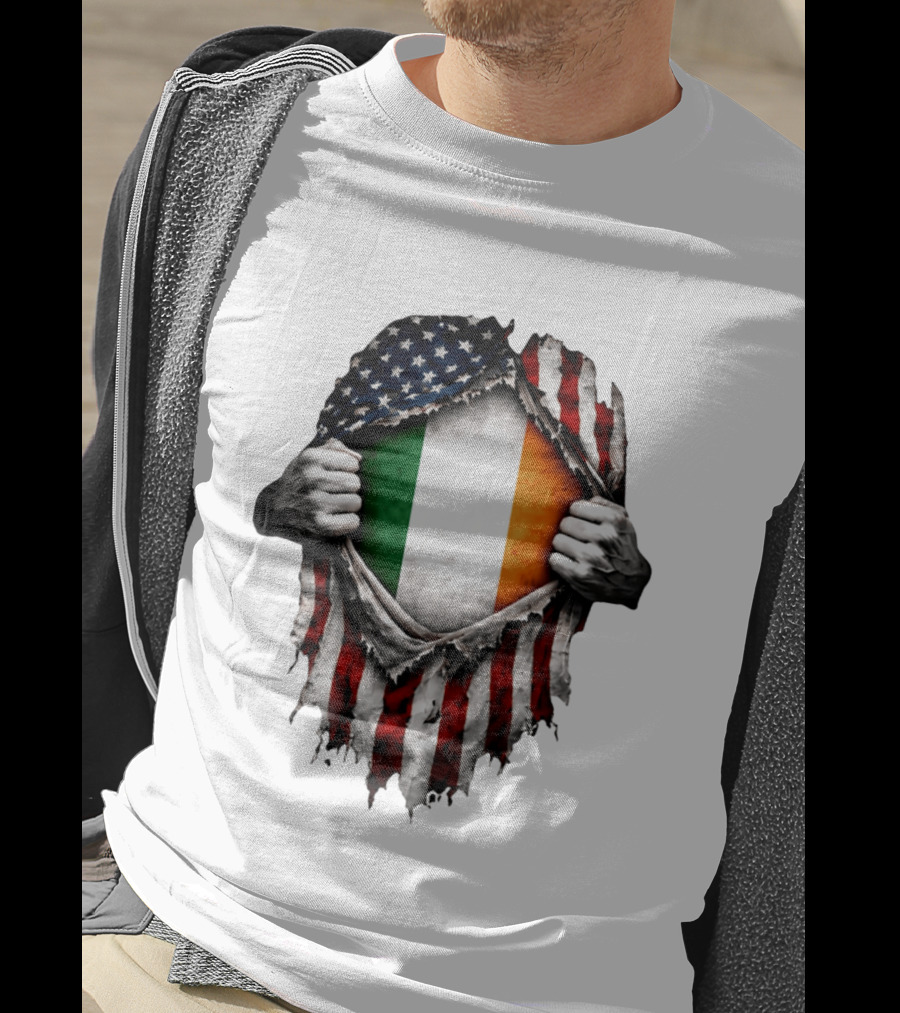 Irish Inside American Flag Tear With Ireland Flag T-Shirt