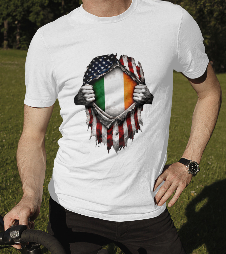 Irish Inside American Flag Tear With Ireland Flag T-Shirt
