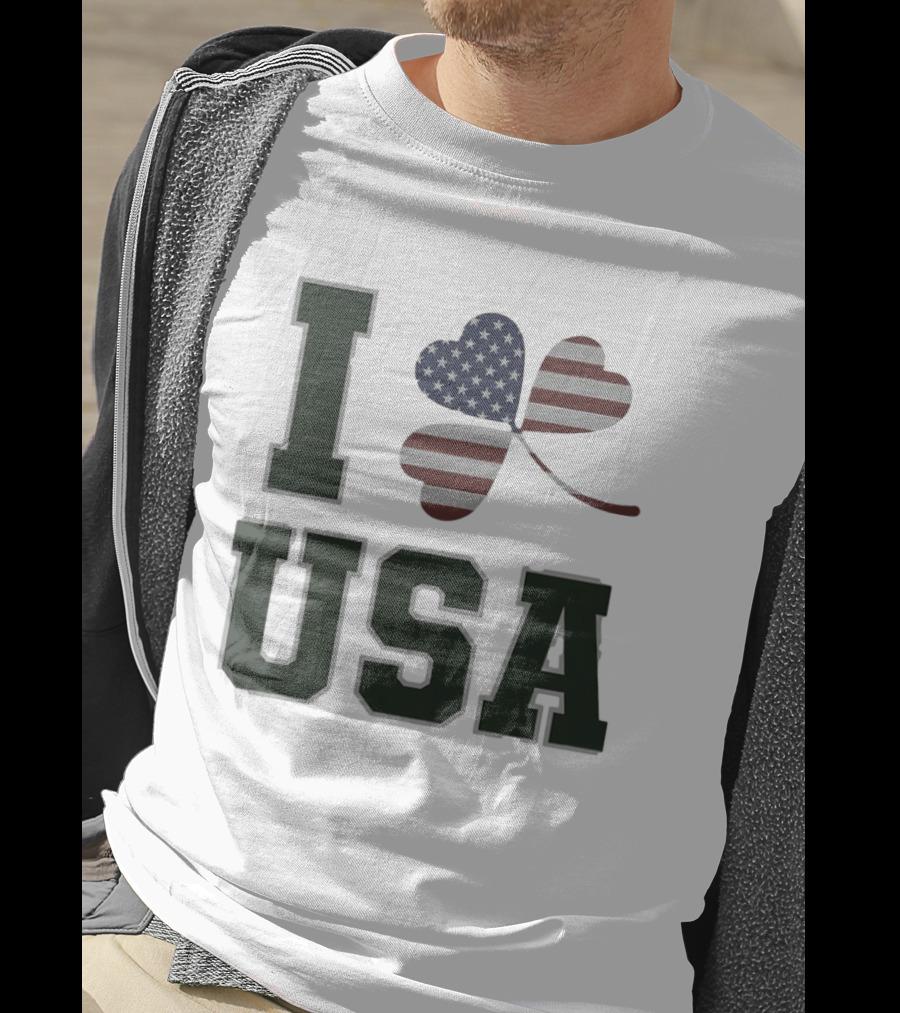 I Love USA St Patrick's Day Shamrock American Flag Heart T-Shirt