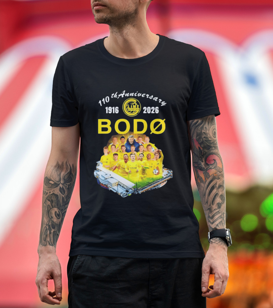 Bodø Glimt 110th Anniversary 1916 2026 Aspmyra Stadion Collage Featuring Players And Signatures T-Shirt
