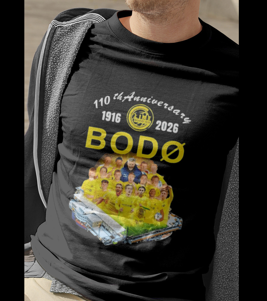 Bodø Glimt 110th Anniversary 1916 2026 Aspmyra Stadion Collage Featuring Players And Signatures T-Shirt