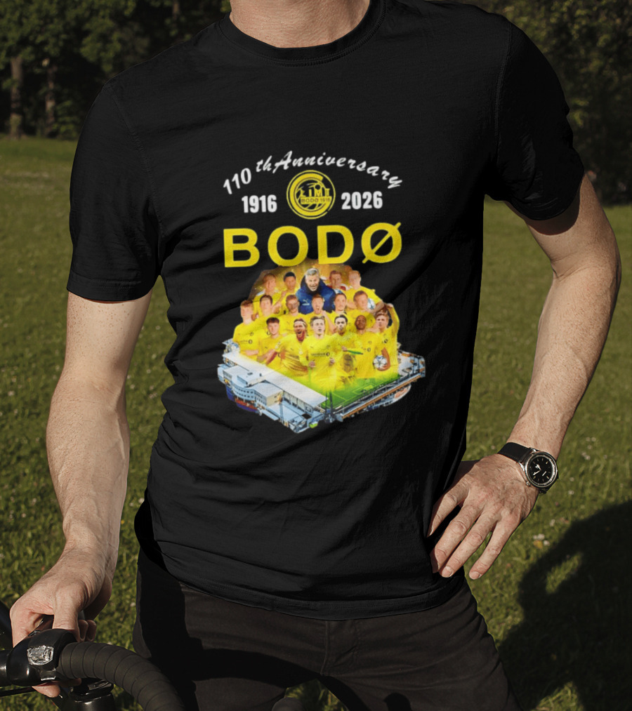 Bodø Glimt 110th Anniversary 1916 2026 Aspmyra Stadion Collage Featuring Players And Signatures T-Shirt