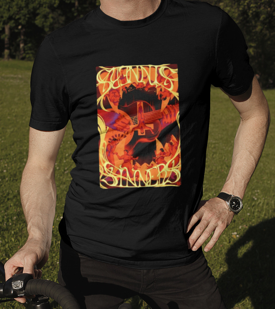 Sinners Pecadores Upside Down Guitar Person T-Shirt