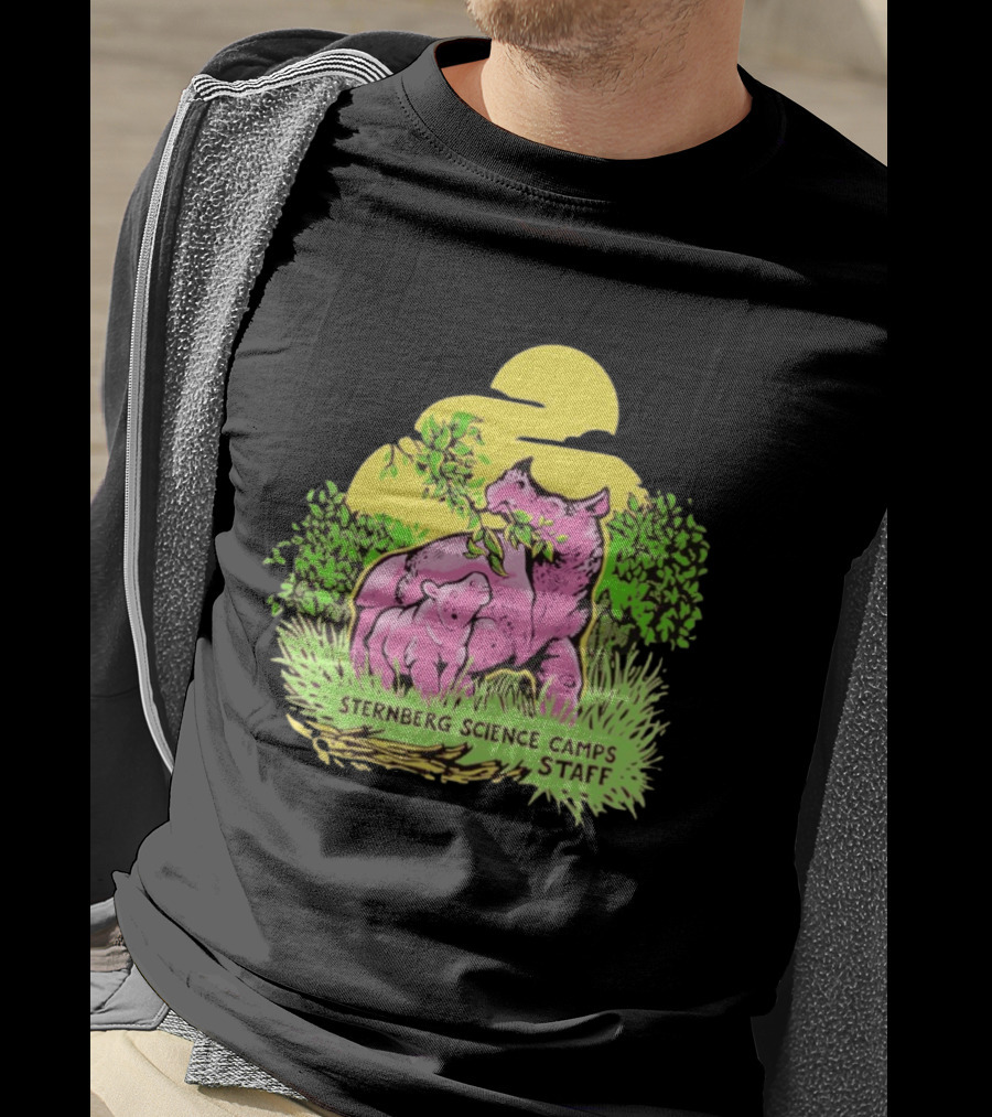 Sternberg Science Camps Staff Pink Dinosaurs Under Yellow Sun T-Shirt