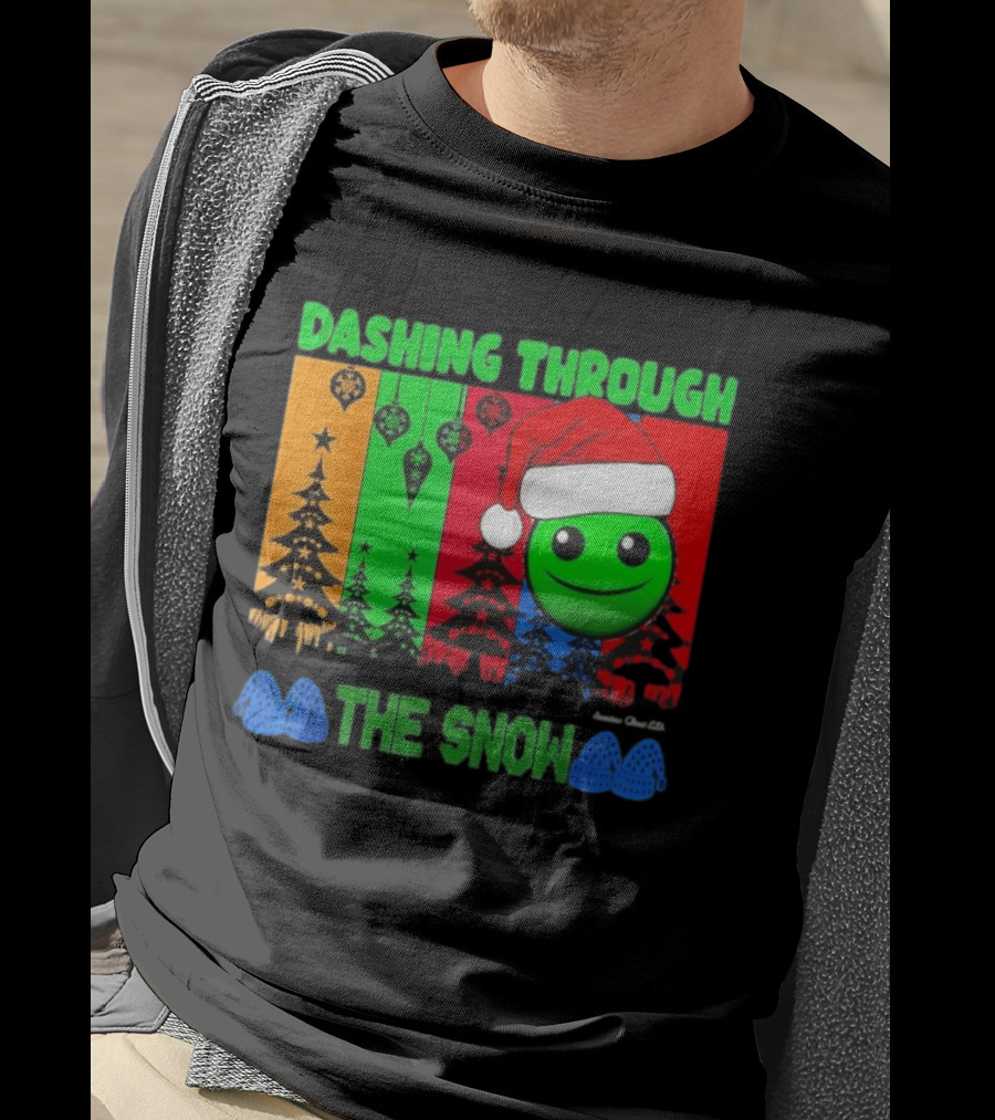 Dashing Through The Snow Emoji Santa Hat Christmas Trees Multicolor Snowflakes T-Shirt