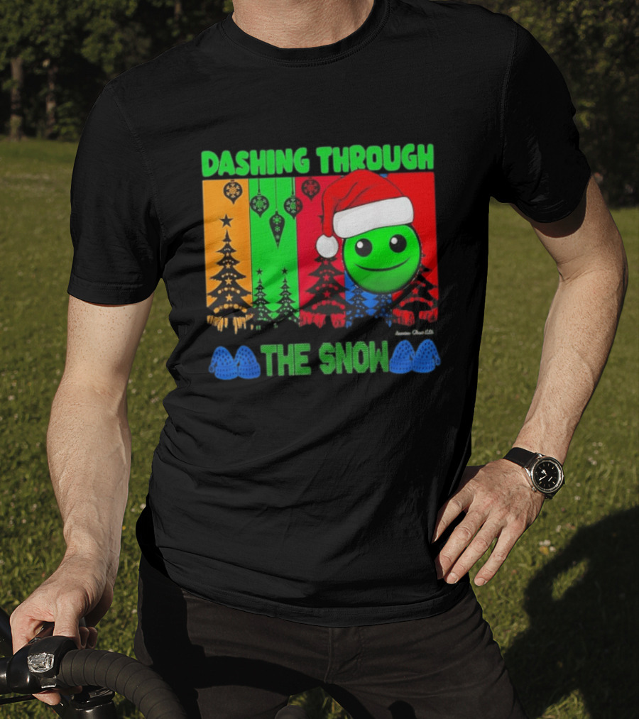 Dashing Through The Snow Emoji Santa Hat Christmas Trees Multicolor Snowflakes T-Shirt