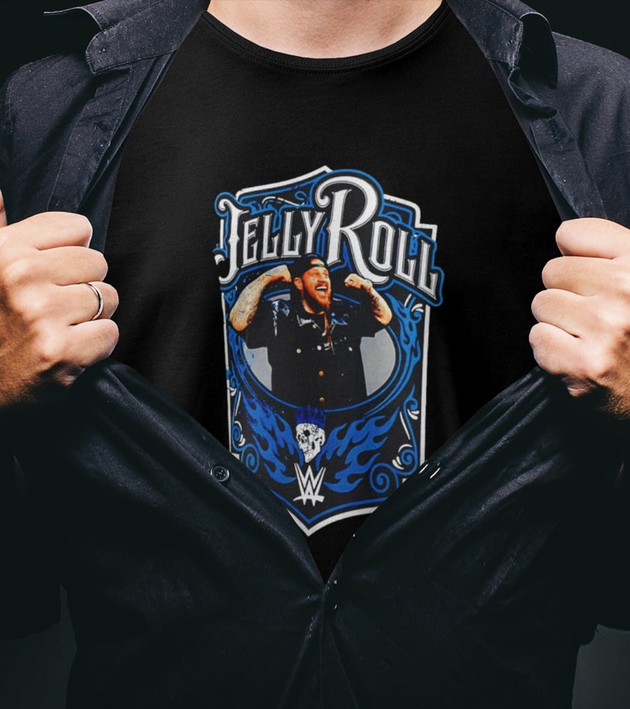 Jelly Roll WWE Superstar Illustration With Flaming Skull And Tattooed Arms T-Shirt