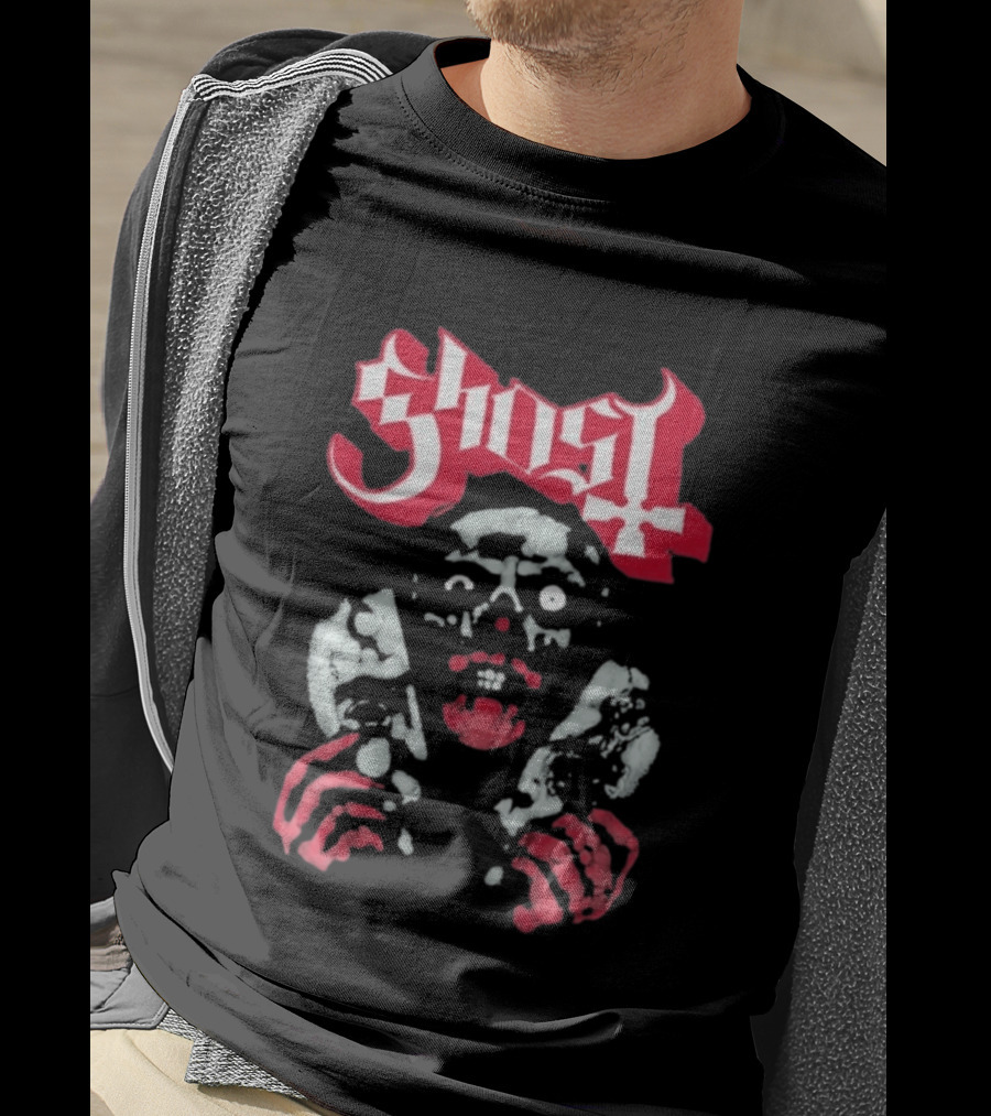 Ghost Mask Design Red And White Skulls And Hands T-Shirt