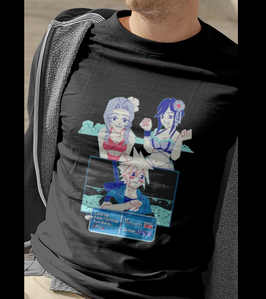 Cloud Strife Panic Aerith Tifa Final Fantasy VII Battle Scene Pixel T-Shirt