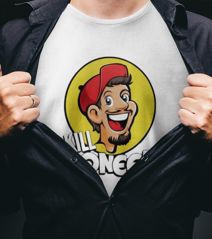 Kill Tonee's Cartoon Character In Red Cap And Yellow Circle T-Shirt