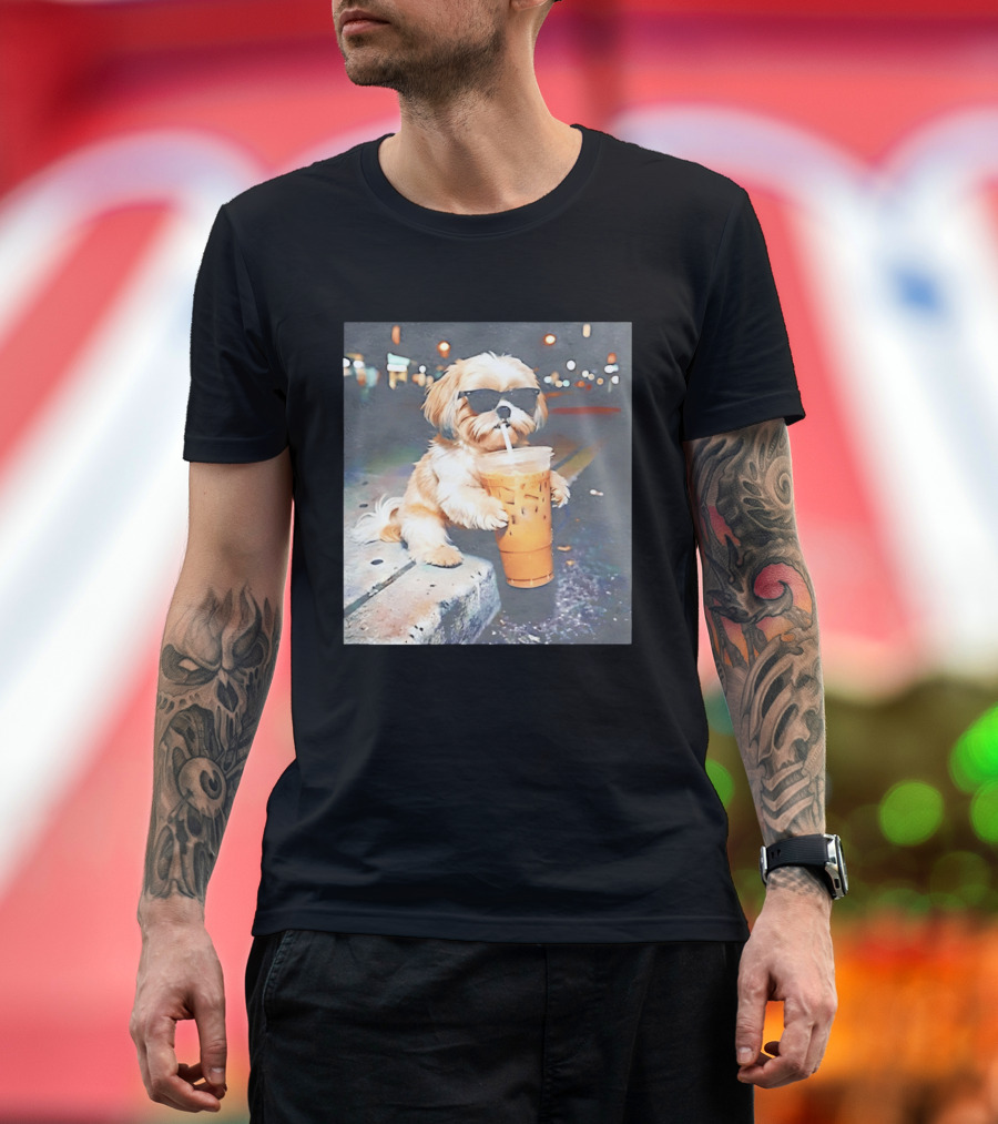Shih Tzu Enjoying Iced Coffee At Night With Sunglasses T-Shirt