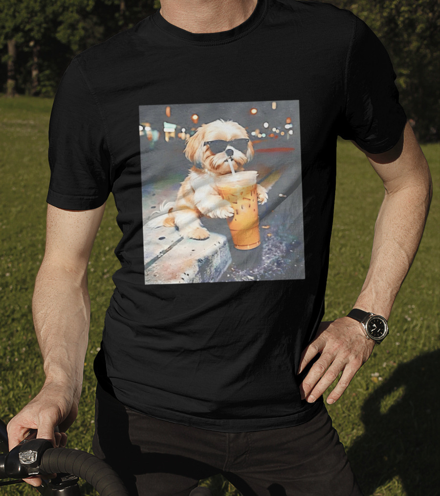 Shih Tzu Enjoying Iced Coffee At Night With Sunglasses T-Shirt